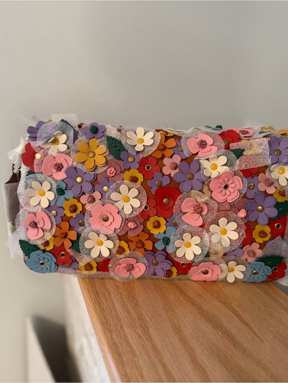Floral Appliqué Leather Clutch - Multicolor - Picture 2 of 4